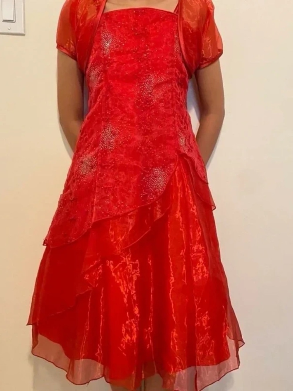 Girls Size 8 Elegant Gem Bedazzled Red Layered Formal Maxi Dress